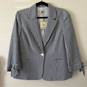 Anne Klein Navy Blue and White Gingham Plaid Blazer